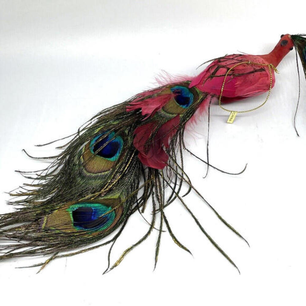 Red Feather Peacock Large 13" Christmas Ornament Glitter Vintage
